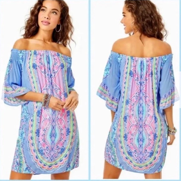 $178 NWT LILLY PULITZER FAWNA OFF SHOULDER DRESS SEASIDE SHINDIG ENGINEERED XL - Picture 1 of 9